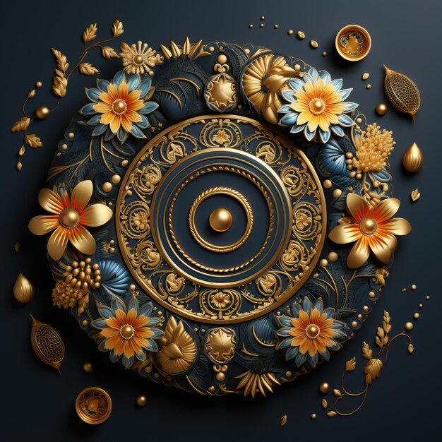 un disegno colorato con fiori e un cerchio con un centro dorato.