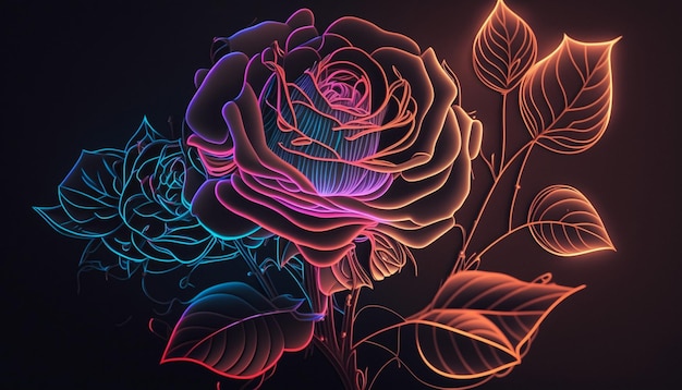 Un disegno colorato di rose con le parole al neon sul fondo