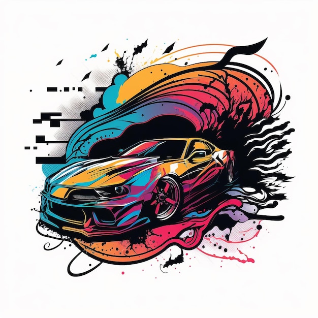 Un disegno colorato di un'auto con un disegno a fiamma su di essa.