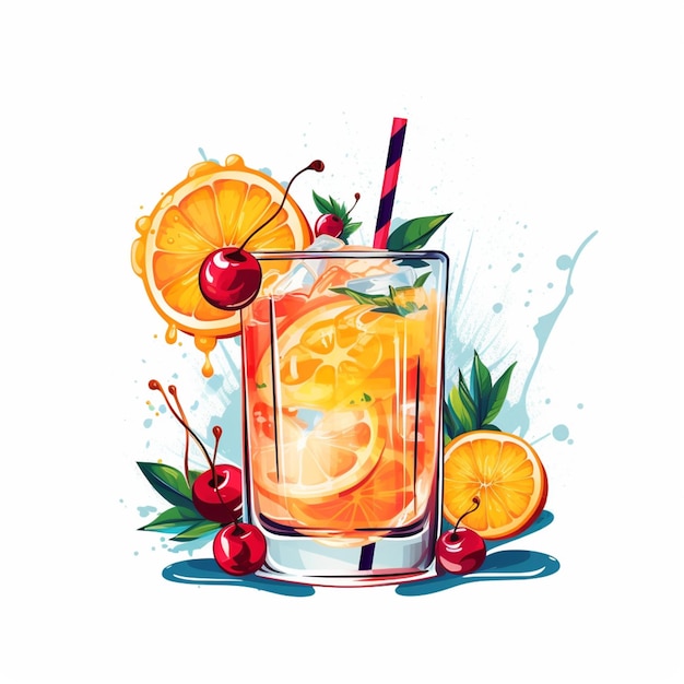 Un disegno colorato di un cocktail con una cannuccia e una ciliegia sul fondo.