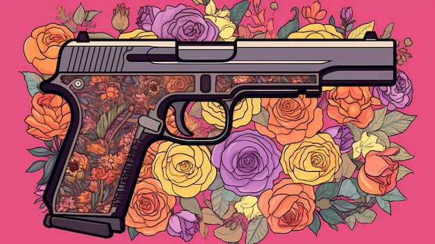 Un disegno colorato di una pistola con rose sullo sfondo.