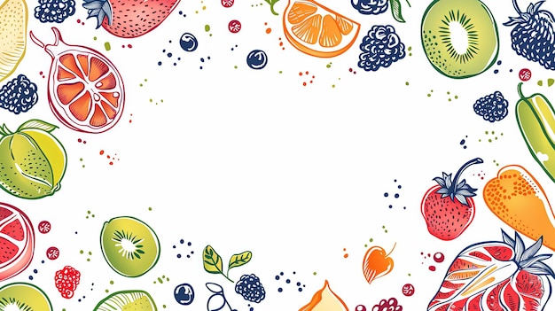 Un disegno colorato di varie frutta e verdura, comprese le arance