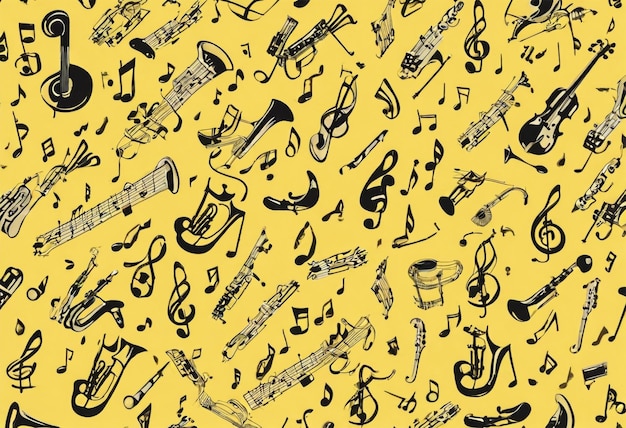 Un disegno con note musicali e strumenti su uno sfondo giallo