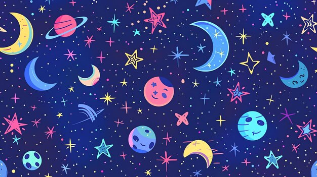 Un disegno continuo di stelle colorate, pianeti e lune su uno sfondo blu scuro