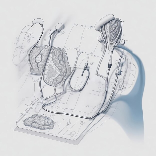 Un disegno del cardiologo pianifica la ricerca utilizzando uno strumento medico diagnostico per celebrare la giornata mondiale della salute