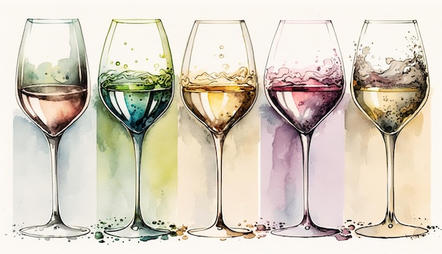 Un disegno di bicchieri da vino con colori diversi e uno con scritto "vino bianco".