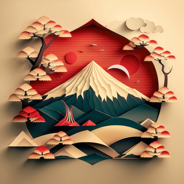 Un disegno di carta tagliata di una montagna con una montagna sullo sfondo.
