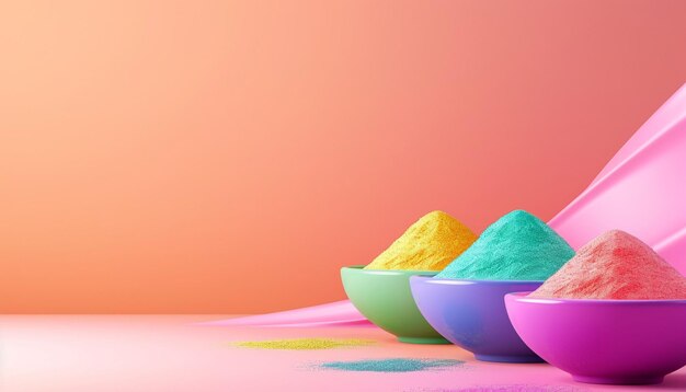 un disegno di cartolina Holi 3D con ciotole minimalistiche di polvere di gulal colorata