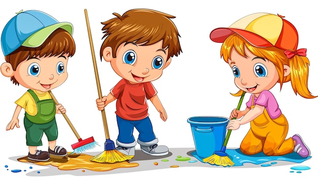 un disegno di cartone animato di bambini e una scopa con una foto di un ragazzo e una ragazza con un cappello e un cappelli