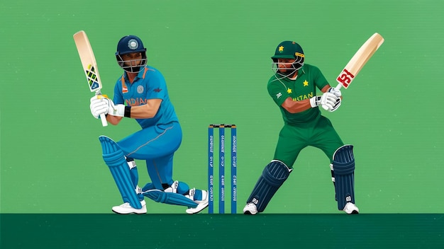 un disegno di cartone animato di due giocatori di cricket con la parola cricket sullo schermo verde