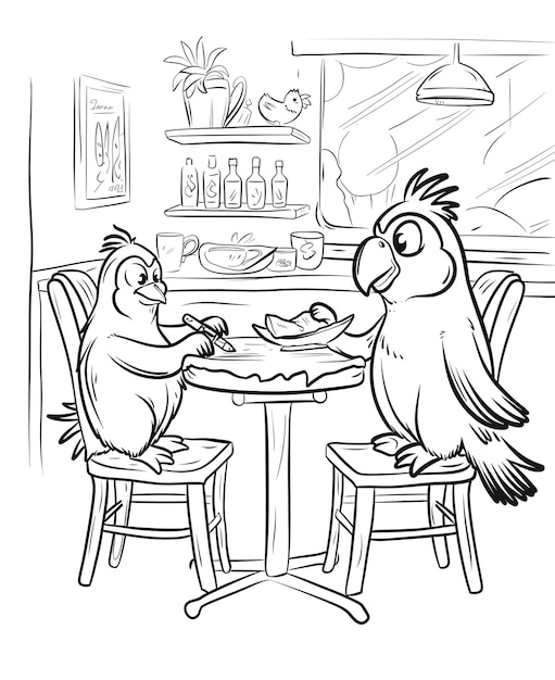 un disegno di cartone animato di due uccelli su un tavolo con un tavolo e un cartello che dice che non c'è nessuno su di esso
