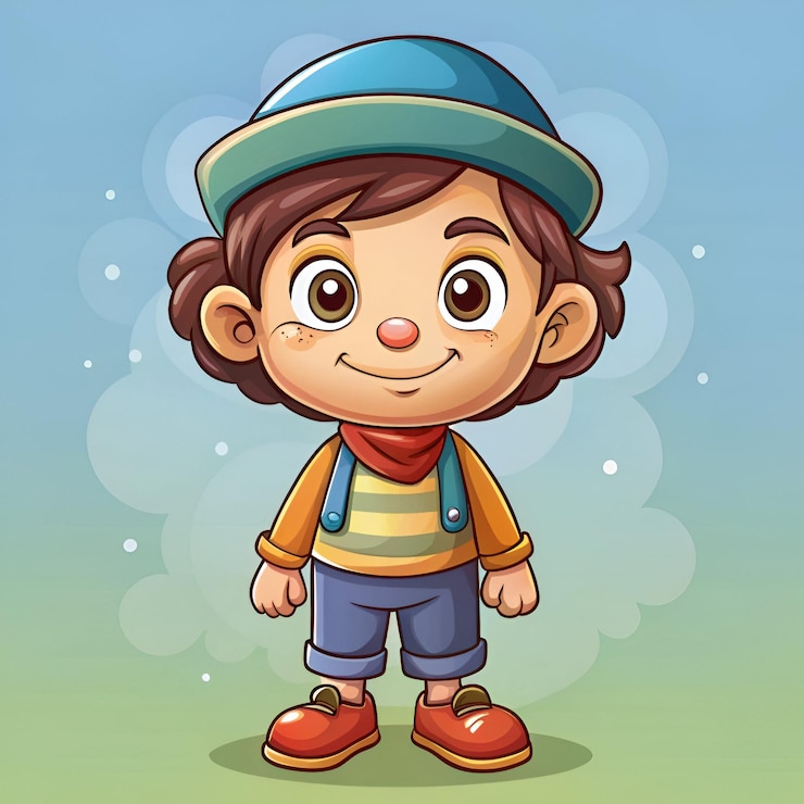 Foto un disegno di cartone animato di un ragazzo che indossa un cappello e una camicia con un berretto che dice la parola