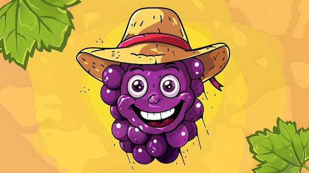 un disegno di cartone animato di un'uva con un cappello di paglia su di esso