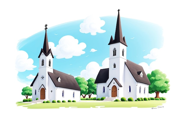 un disegno di cartone animato di una chiesa con un cielo blu e nuvole