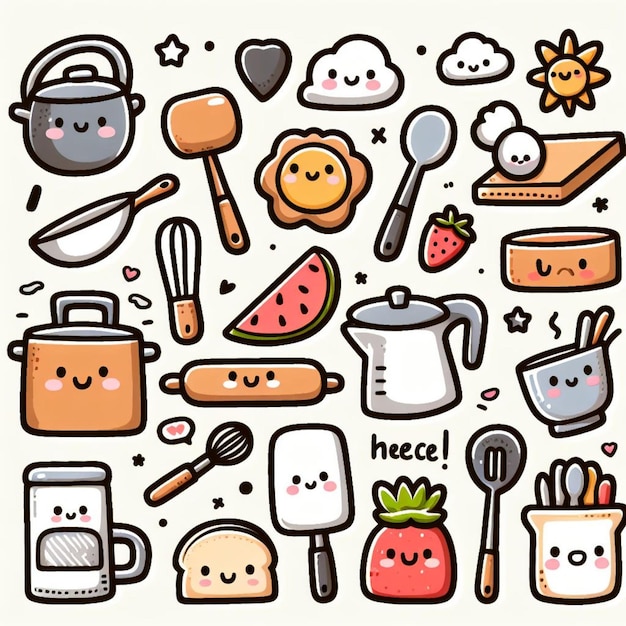 un disegno di cartone animato di una varietà di utensili e utensili da cucina