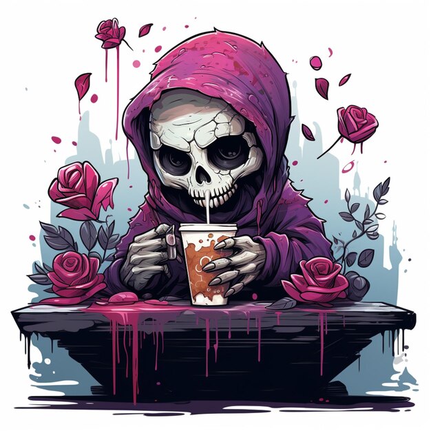 un disegno di cartone animato di uno scheletro che beve caffè con rose intorno ad esso ai generativi