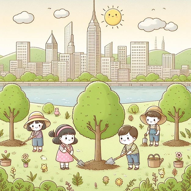 un disegno di cartoni animati di bambini in un parco con una città sullo sfondo