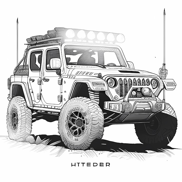 un disegno di contorno di un gladiatore jeep con pneumatici da 44 pollici winch offroad paraurti