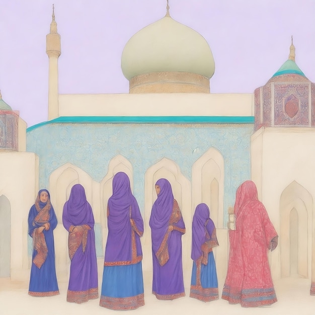 un disegno di donne davanti a una moschea con una cupola blu