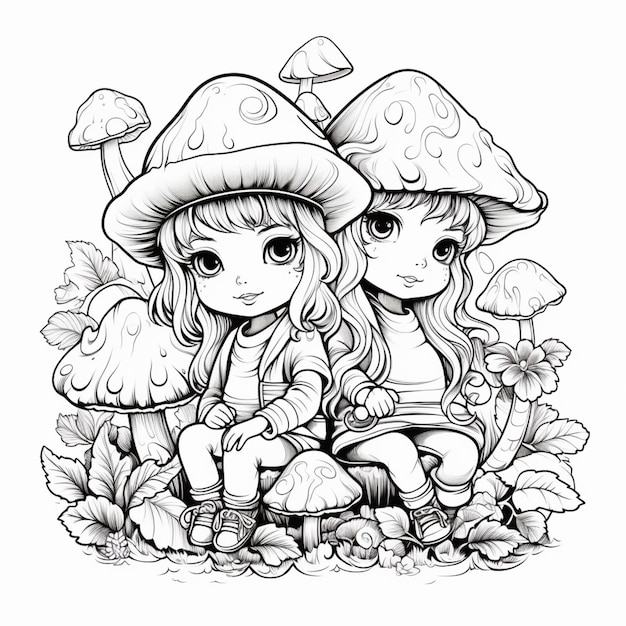 un disegno di due bambine sedute su un fungo ai generativo