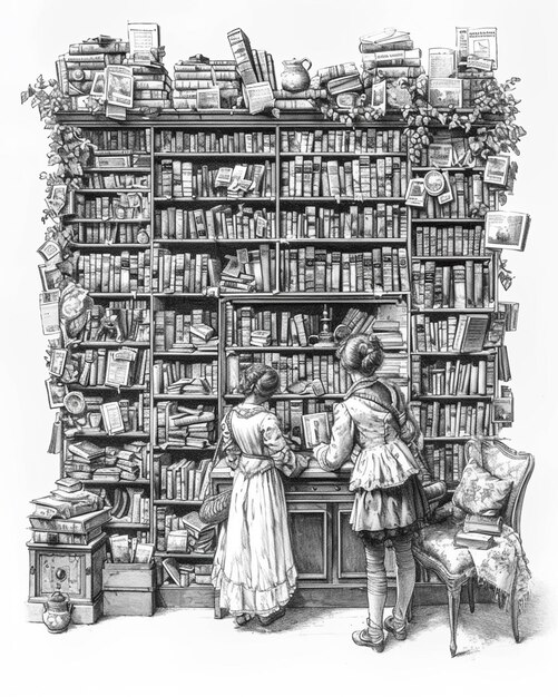 un disegno di due bambini davanti a una libreria generativa ai