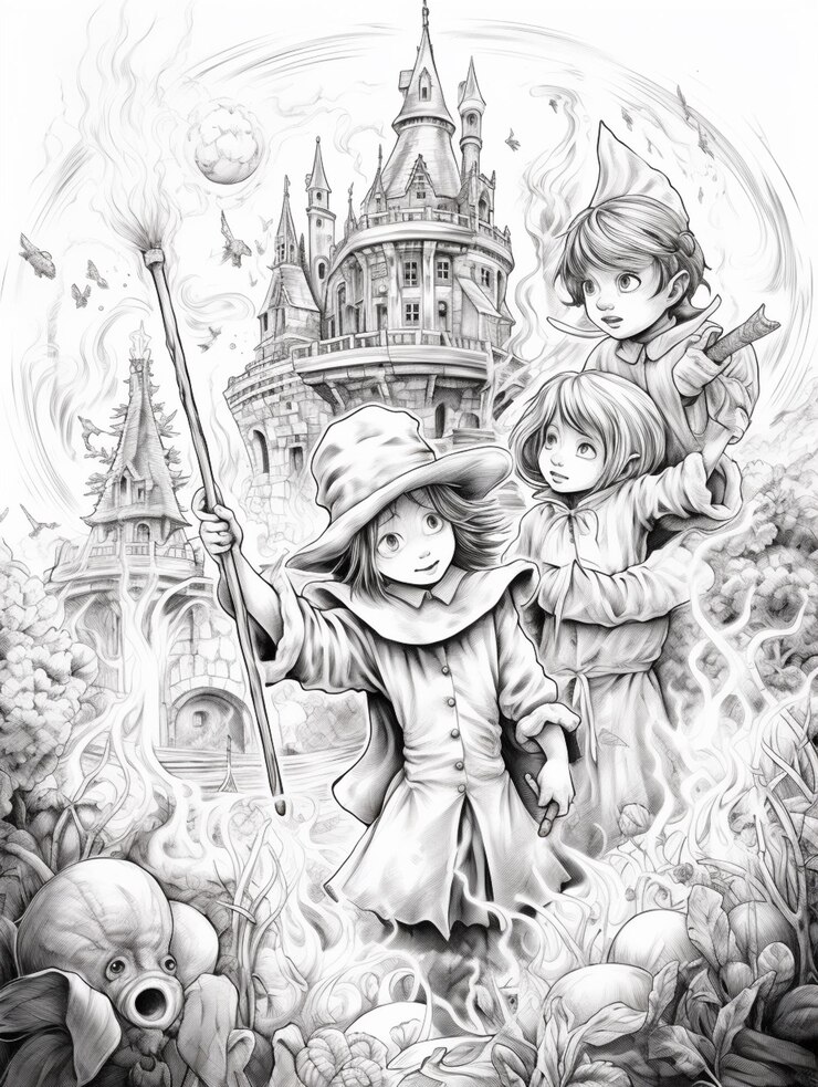 Foto un disegno di due bambini davanti ad un castello con una scopa ai generativa