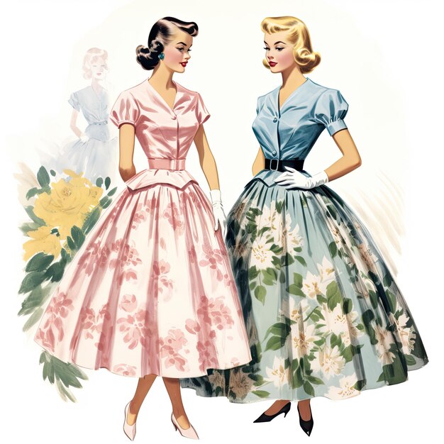 un disegno di due donne in abiti con fiori su di loro