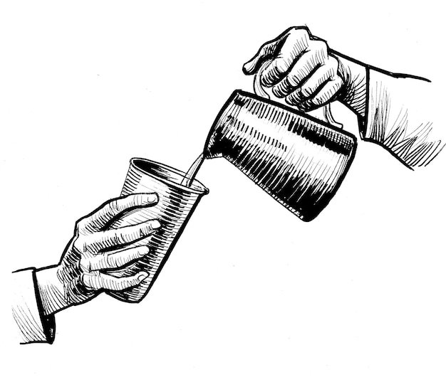 Un disegno di due mani che tengono una tazza di caffè e un bicchiere d'acqua.
