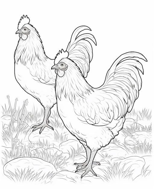 Un disegno di due polli in piedi in un campo di erba generativa ai