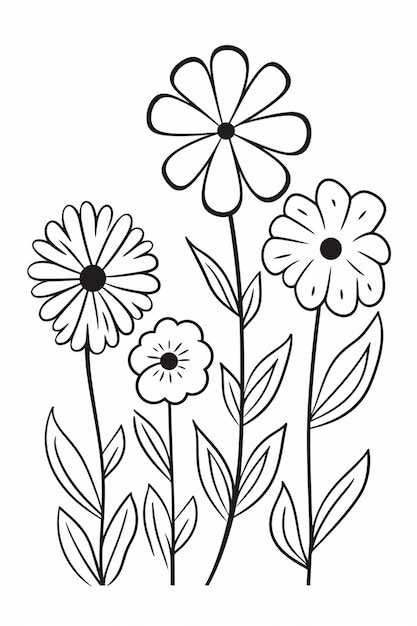 Un disegno di fiori con foglie e fiori su uno sfondo bianco