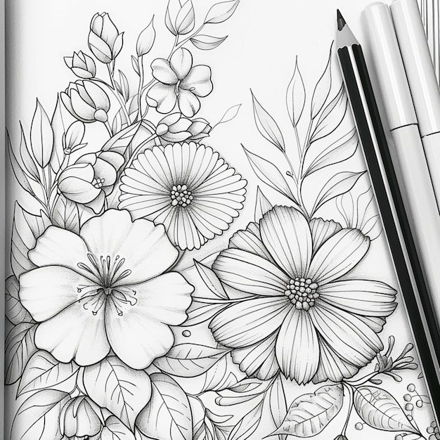 un disegno di fiori e penna su una pagina con una penna