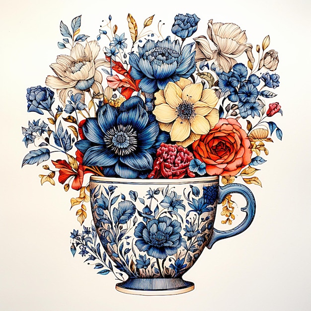 Un disegno di fiori e una tazza