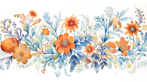 un disegno di fiori in arancione e blu sovrapposti a uno sfondo bianco
