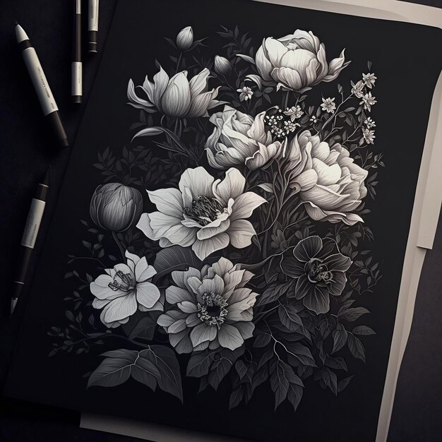 Un disegno di fiori in bianco e nero e una penna con sopra la scritta "peonie".