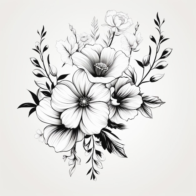 un disegno di fiori in bianco e nero su sfondo bianco ai generativa