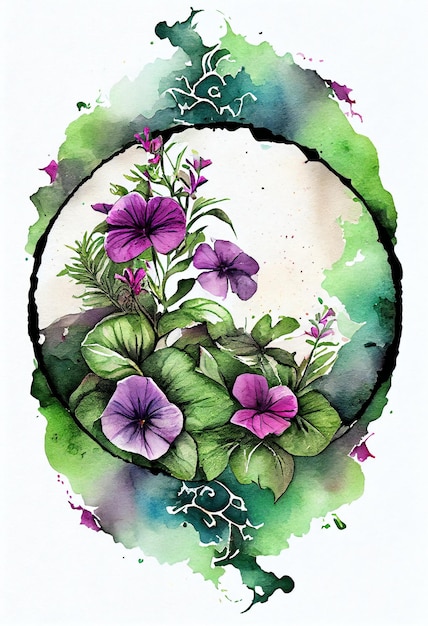 Un disegno di fiori viola in un cerchio con sopra la parola viole del pensiero.