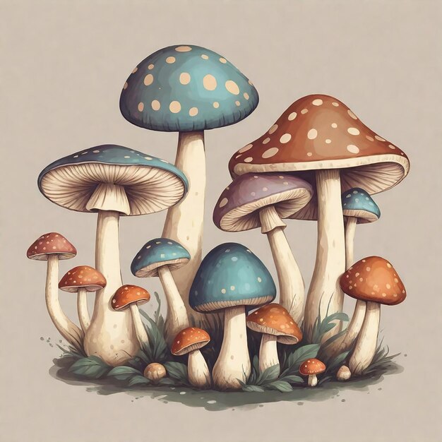 un disegno di funghi con uno sfondo marrone e un punto bianco in fondo