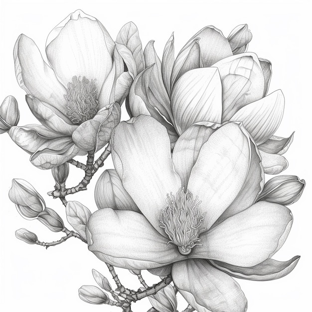 Un disegno di magnolie su sfondo bianco.