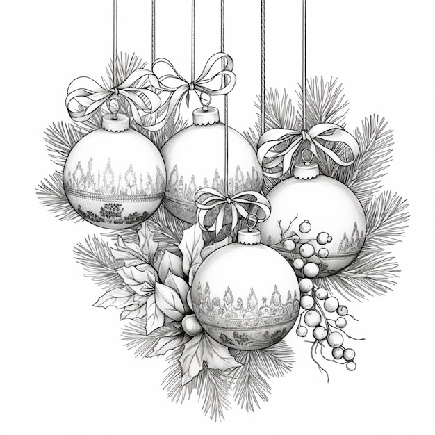 un disegno di ornamenti di Natale appesi a un ramo di un albero generativo ai