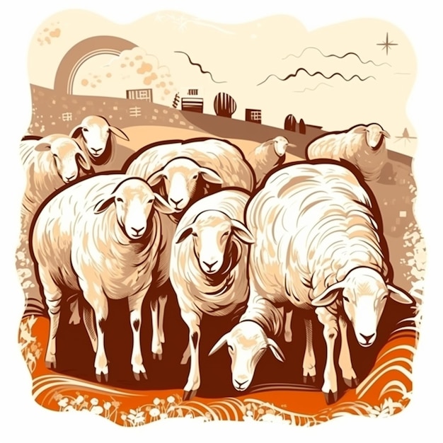 Un disegno di pecore in un campo con il sole alle spalle.