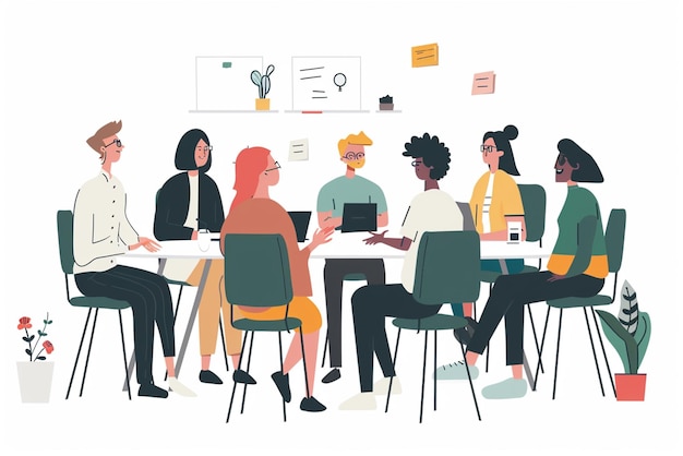 un disegno di persone in una riunione con un computer