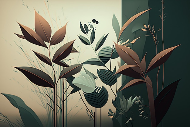 Un disegno di piante con foglie e fiori sullo sfondo.