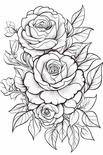 Un disegno di rose con foglie e foglie su uno sfondo bianco ai generativo