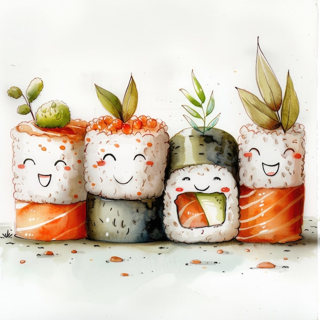 un disegno di sushi e sushi con una faccia su di esso