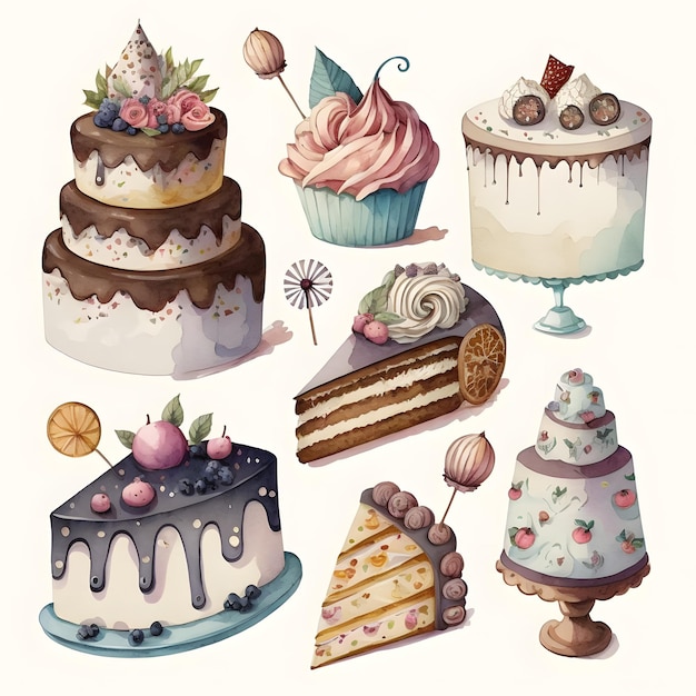 Un disegno di torte e cupcakes con le parole torta sul fondo