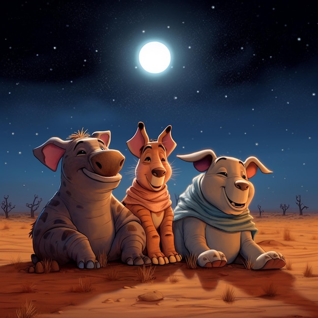 Un disegno di tre animali seduti nel deserto con la luna sullo sfondo.