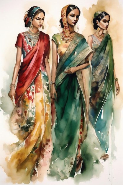 Un disegno di tre donne in sari con un sari verde e la parola amore sopra.