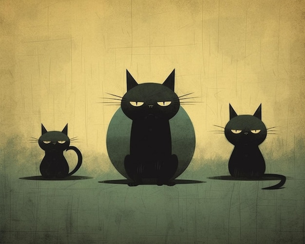 Un disegno di tre gatti neri con uno che dice "gatto".