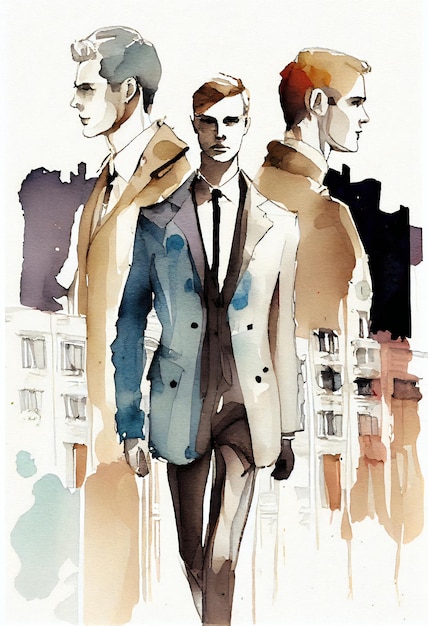 Un disegno di tre uomini davanti a un paesaggio urbano.
