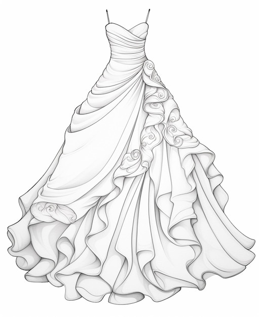 un disegno di un abito da sposa con gonna a balze generatrice ai